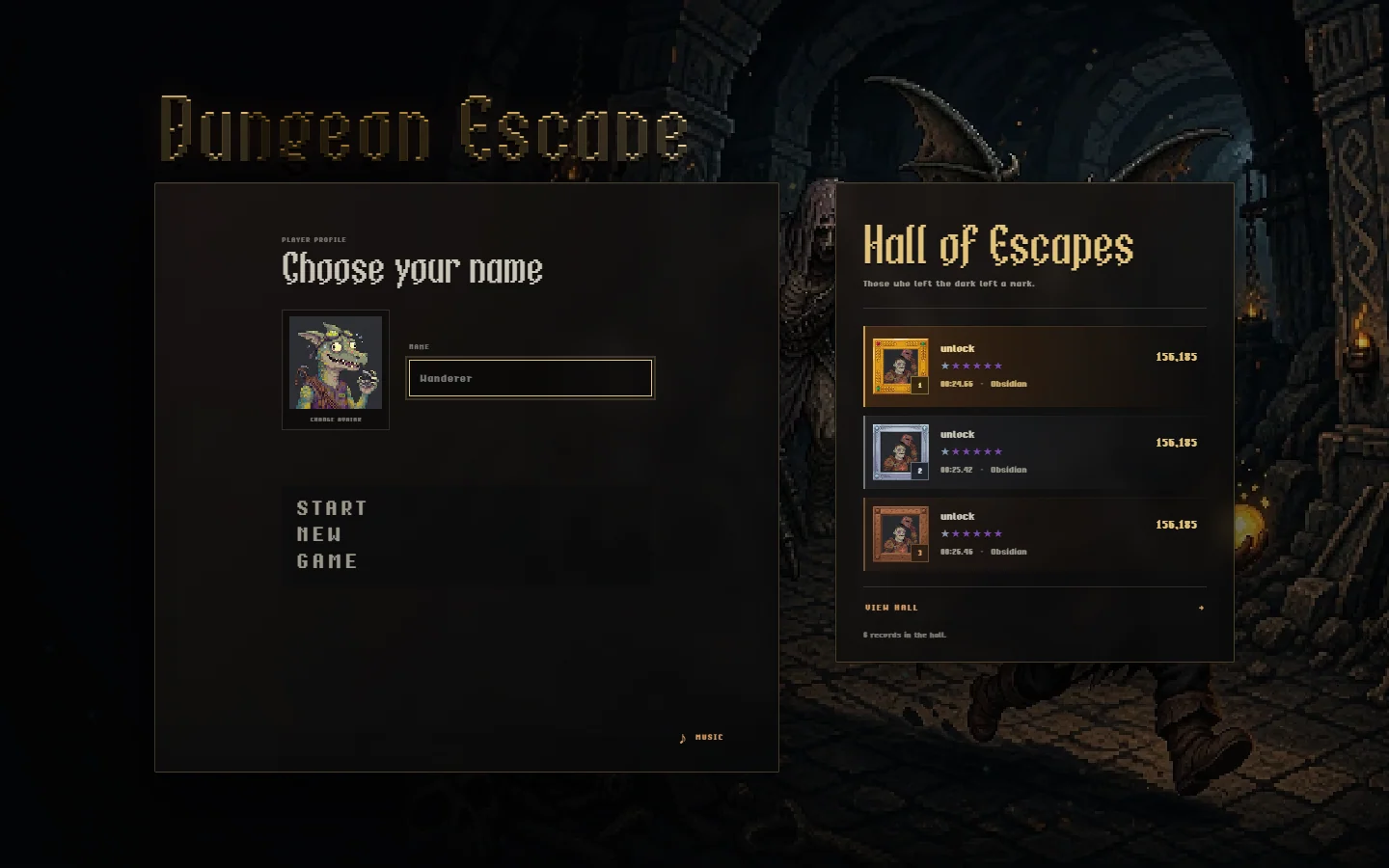 Welcome screen and Hall of Escapes